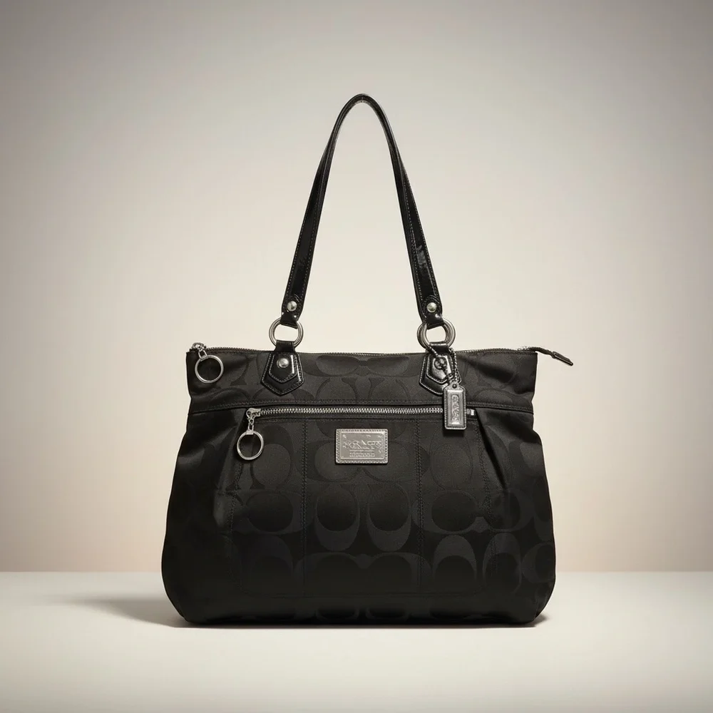 ✨ Coach Poppy Black Signature Tote Pink Satin Lining Patent Trim EUC